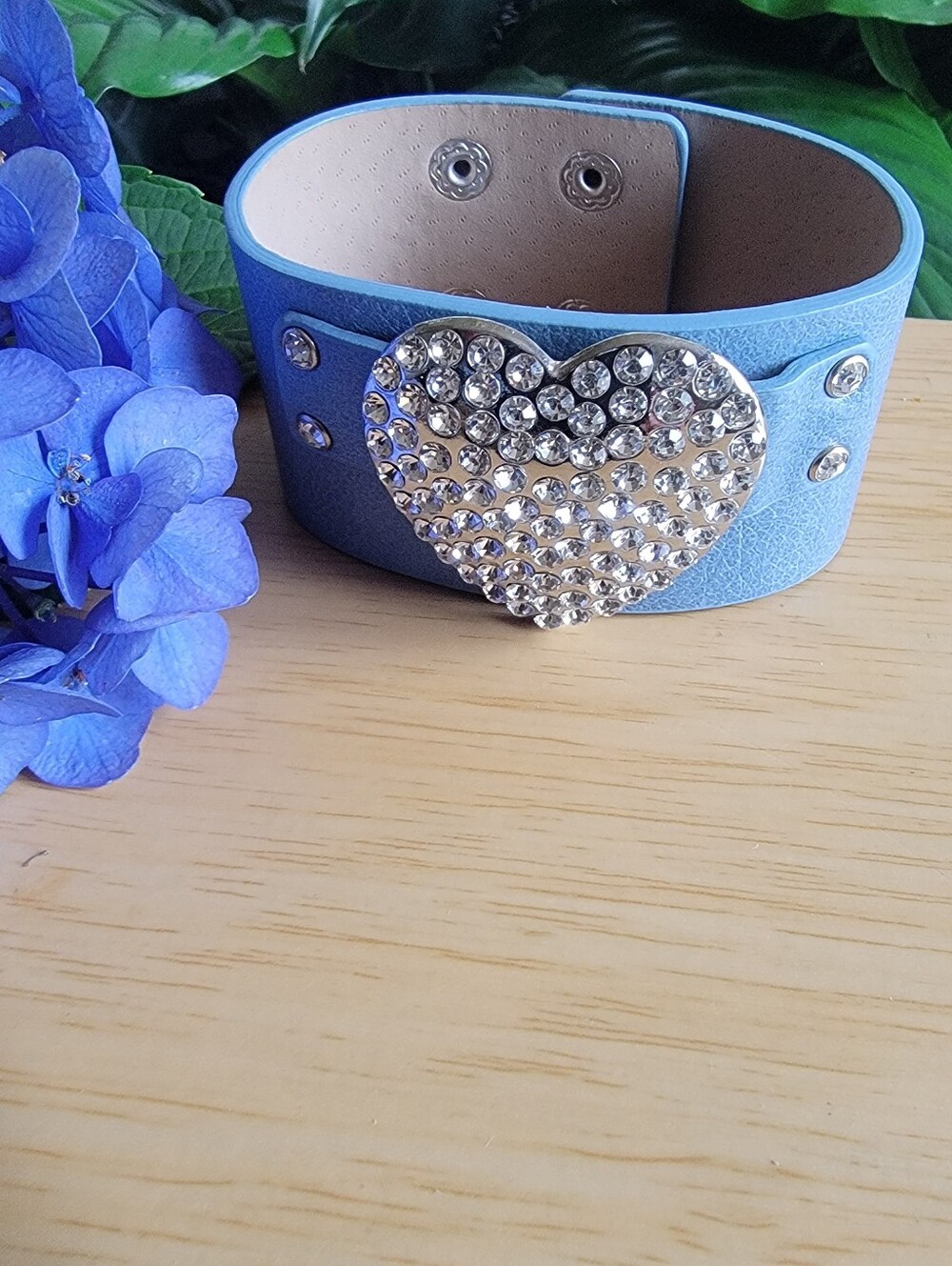 Rhinestone Heart Blue Faux Leather Cuff Bracelet
